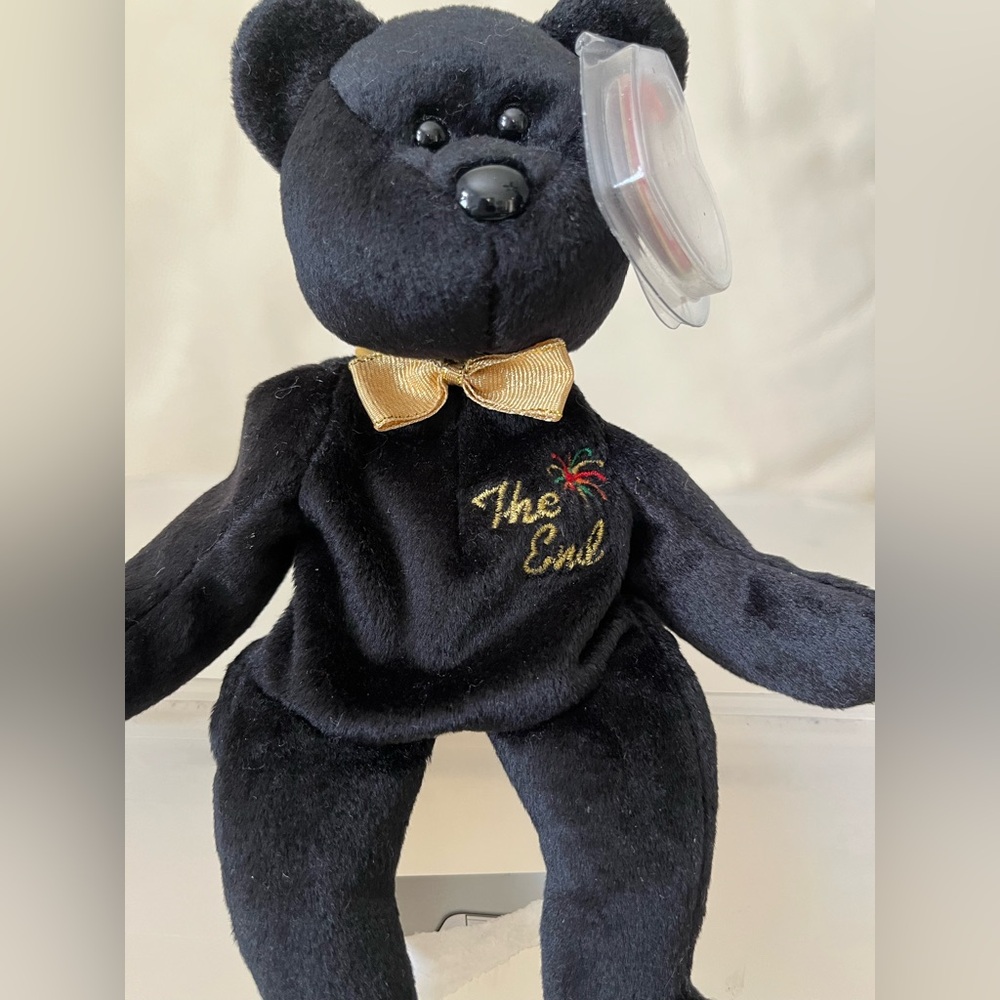1999 “The End” Classic Ty Black Plush Bear with Gold Accents